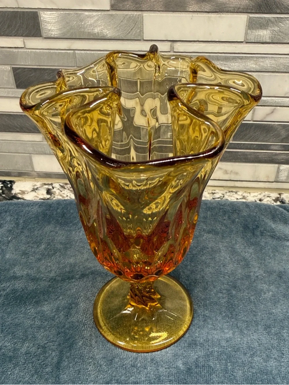 Fenton Ruffled Amber Pedestal Art Glass Vase